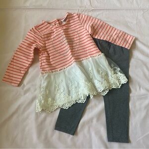 Striped Pink and White Lace Tunic with Gray Leggings